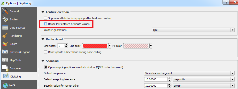 Digitizing settings