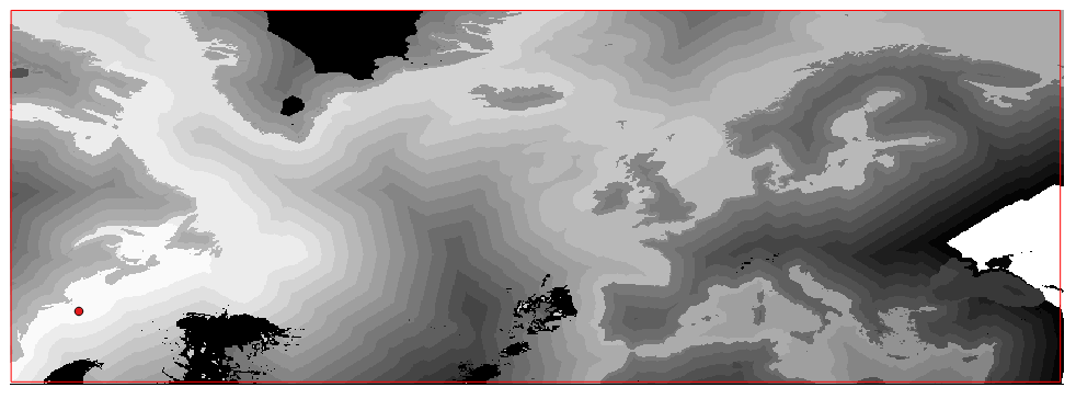 Reclassified raster with cumulative cost of travel from the red starting point