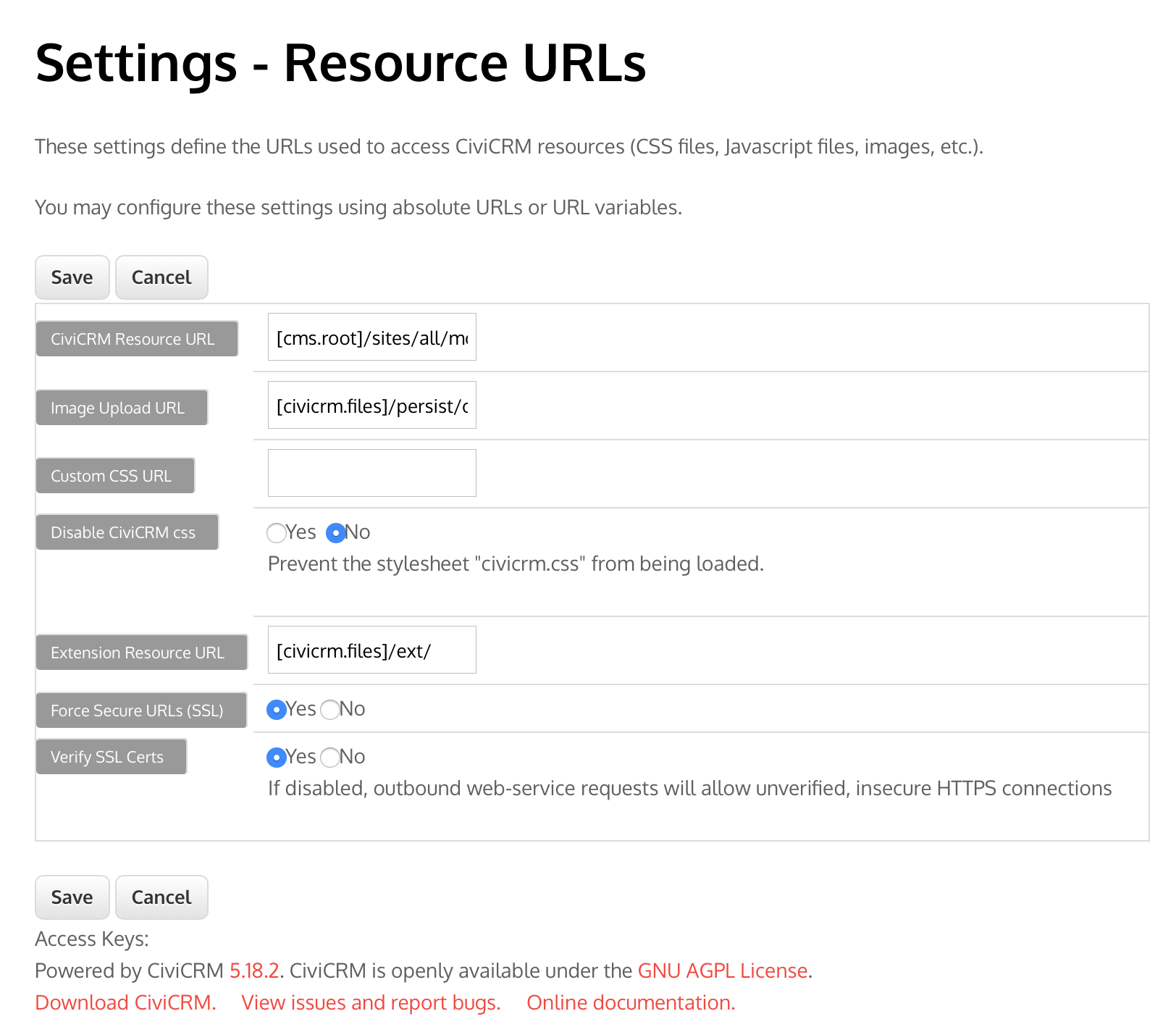 Screenshot of Resource URLs screen