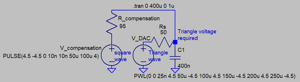 LTspice schematic square-wave compensating R_source of triangle waveform