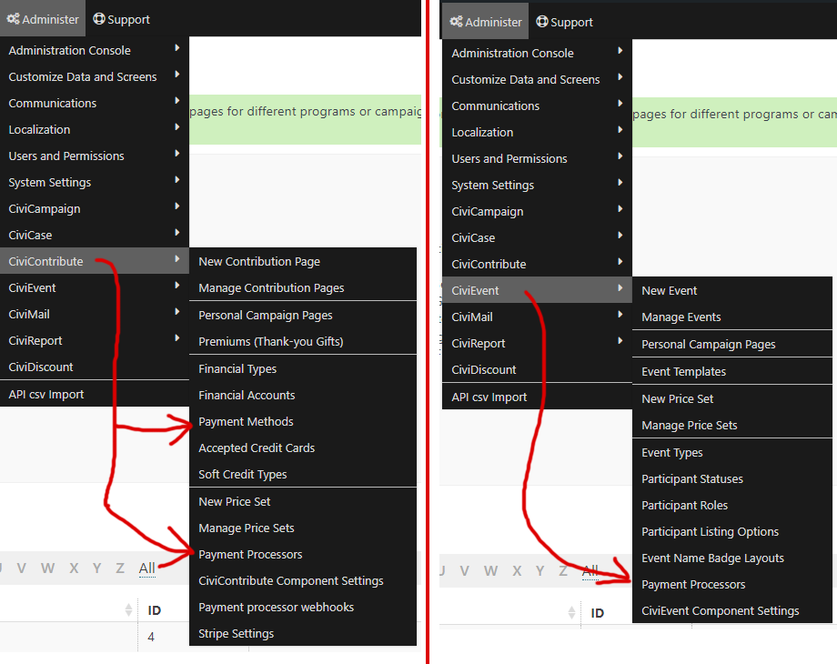 Civi Admin menu comparison