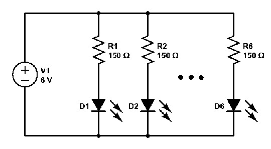 Six LEDs powered from a 6V supply