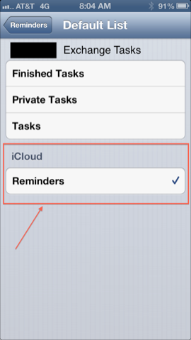 Verify Default List is set to iCloud and not Exchange