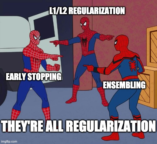 Spiderman meme: L1/L2, ensembling, early stopping are all regularization.