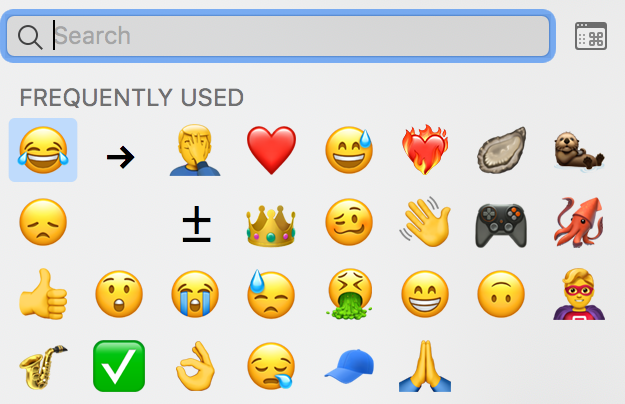 macOS Mojave emoji picker displaying post-release emojis in the frequently-used section