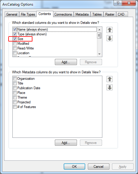 Enabling size column in ArcCatalog Options -> Contents tab