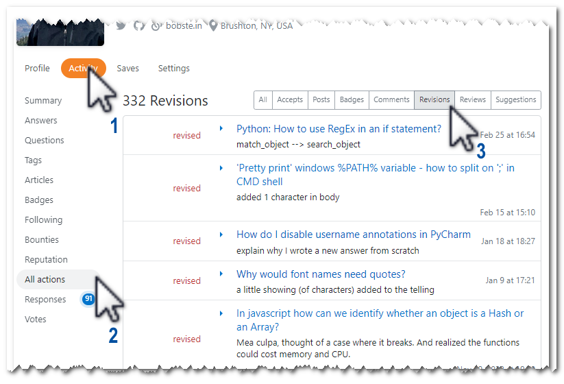 screenshot:  Activity, All actions, Revisions