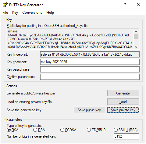 PuTTYgen key generation