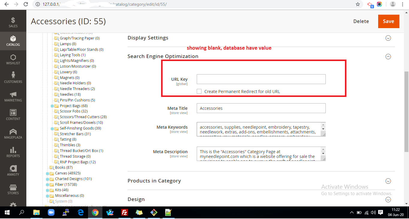 Url key value showing blank, but in database value exist