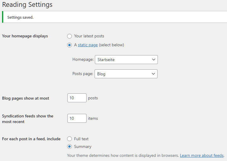 My WP reading settings