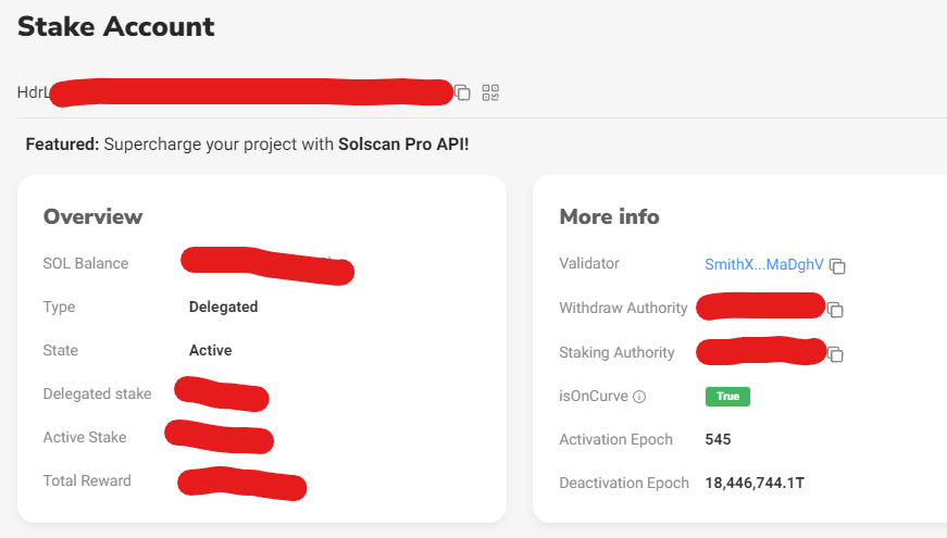 screenshot of a Stake Account page in solscan.io with isOnCurve being true