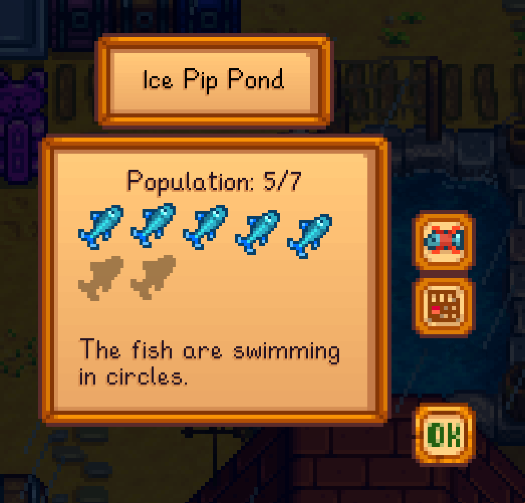 Screenshot of Stardew Valley Ice Pip fish pond, population five out of seven, saying "The fish are swimming in circles"