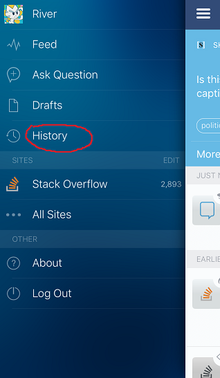 History tab in SE app