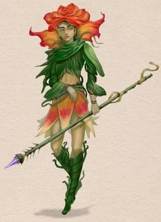 woman with flower/plant based clothes, holding a long spear