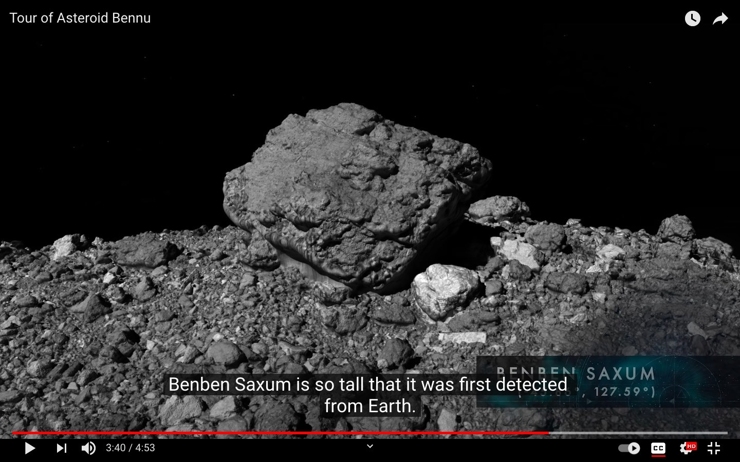 Screenshot from the NASA Goddard video "Tour of Asteroid Bennu" https://youtu.be/QunVAWABQSc