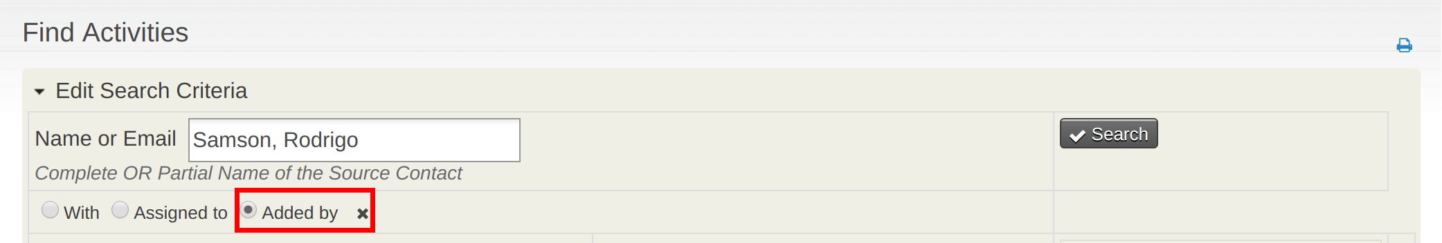 Activity Search form filtered by 'Added by' 