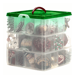 A plastic bin with lid. Three tiers are visible, with dividers for each tier. Various Christmas tree ornaments are visible within the individual compartments formed.