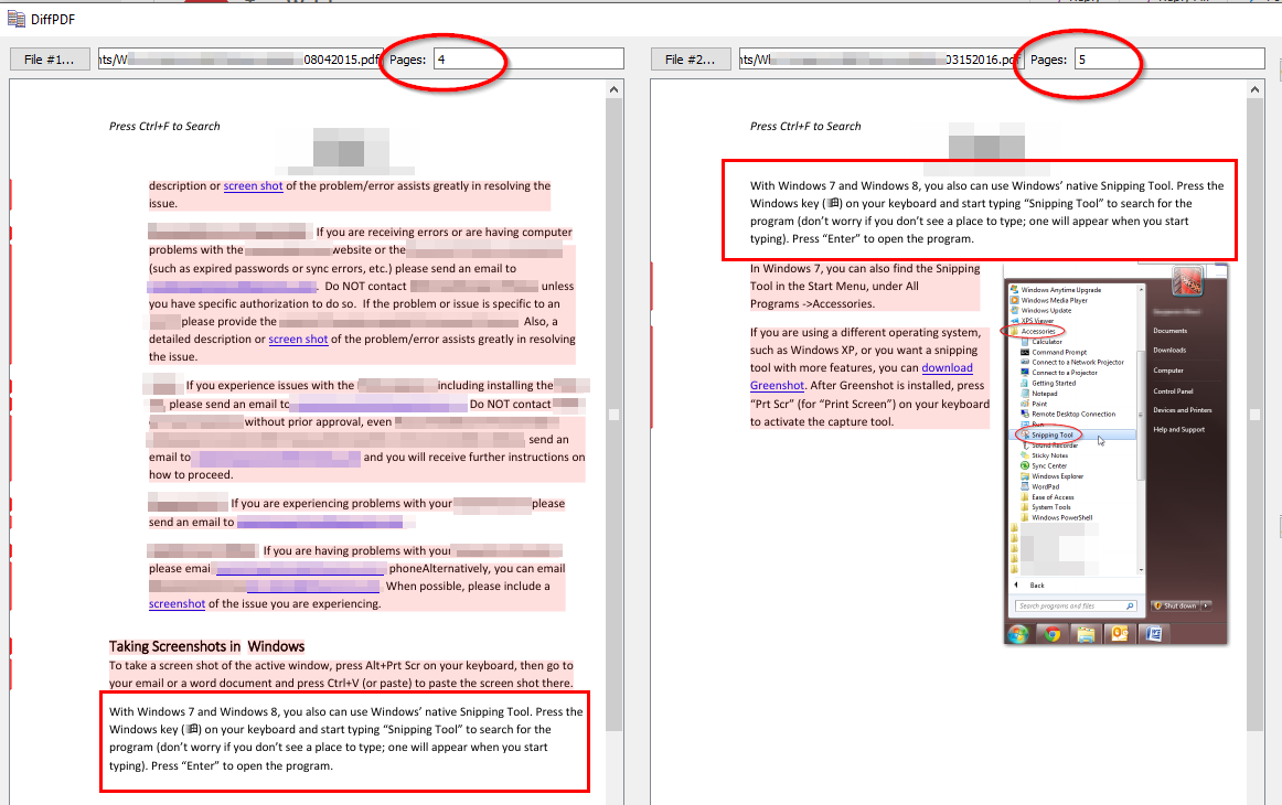 Shows comparing page 4 of one document to page 5 of a different document