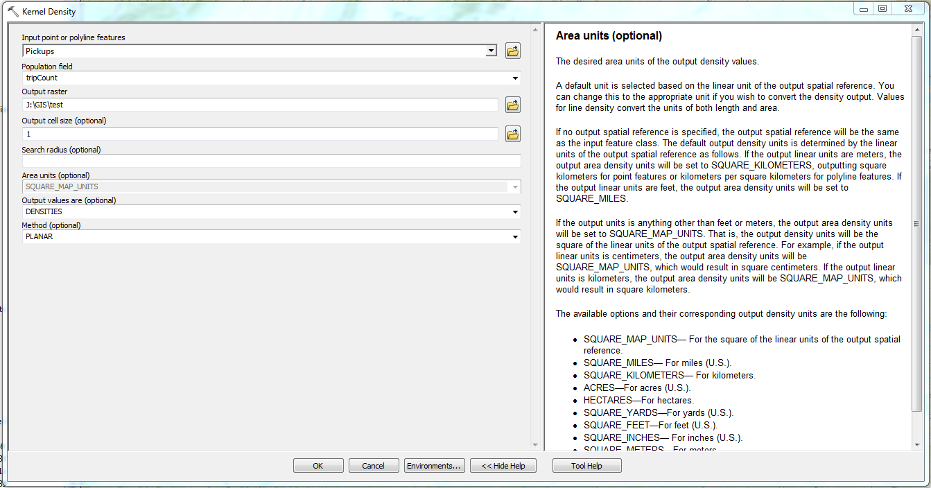 Kernel Density tool with disabled Area Units field.