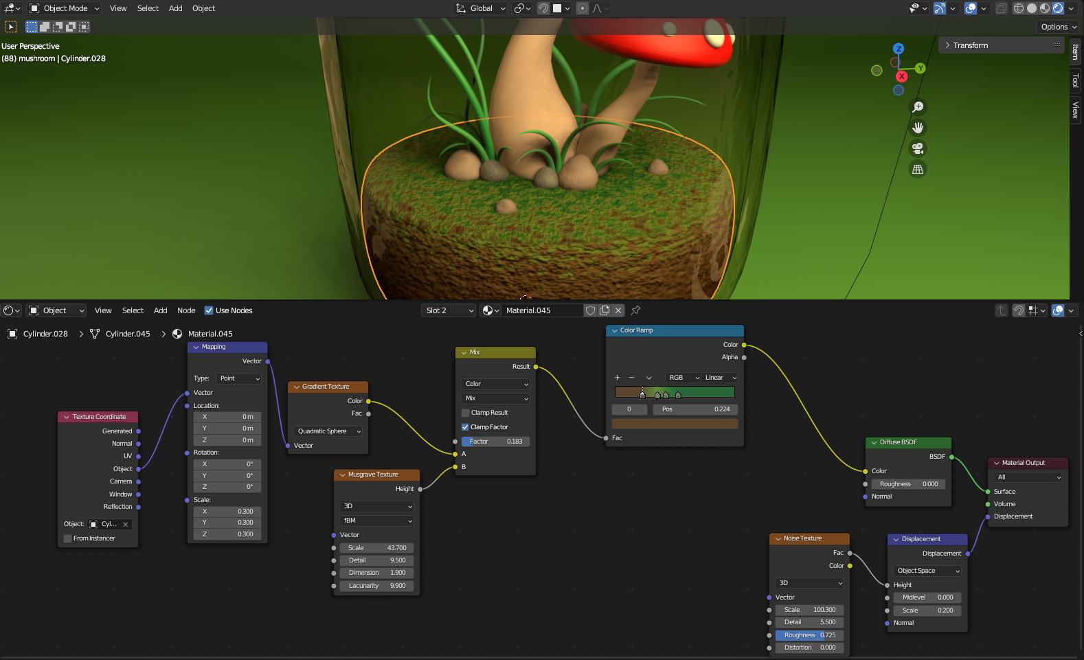 Screenshot of a Blender 3D project involving mushrooms and some dirt in a bottle. The dirt is selected, and the shader node section at the bottom of the page is showing the material for the top face of the dirt, which is arranged to produce a gradient of colors in a particular pattern from the center of a circular plane towards the edges, starting with dark green in the middle and fading to brown at the edge.