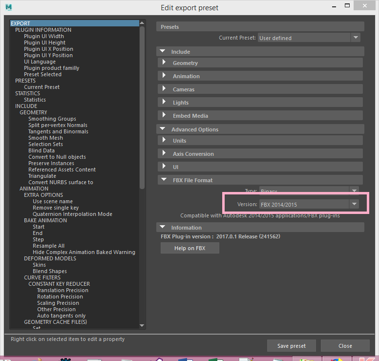 Maya2017 FBX version for 2014