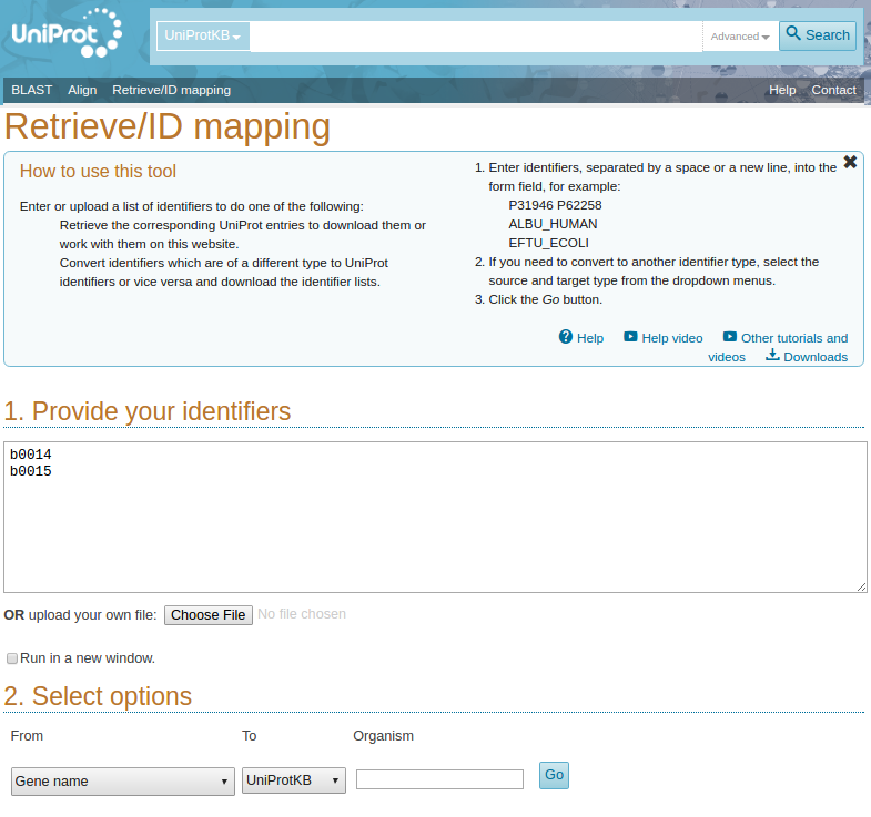 screen-shot of query being entered to Uniprot mapper