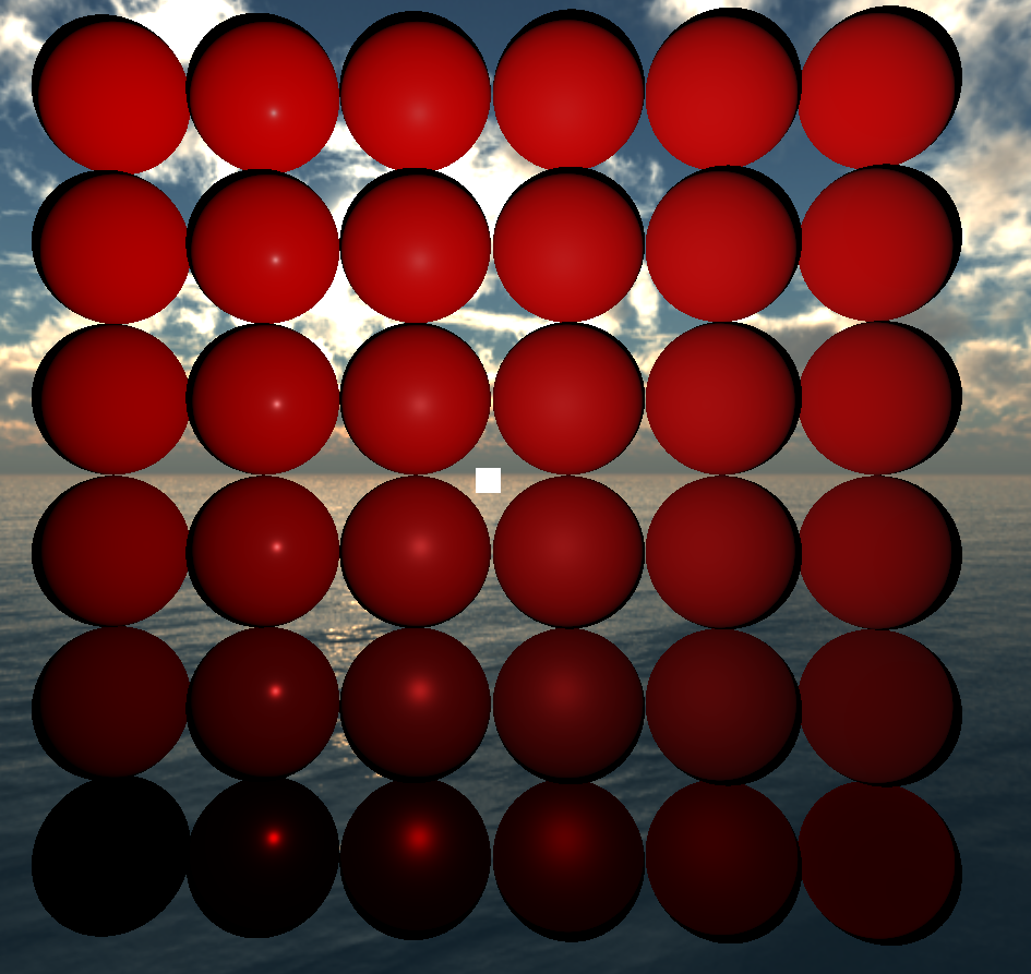 plain-red spheres with varying metalness and roughness with only direct illumination