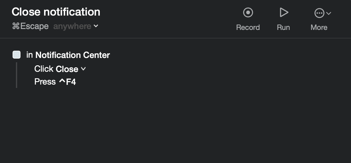 Screenshot of a Keysmith shortcut to close notifications. The shortcut is: in Notification center, "Click Close", and then "Press ⌃F4"