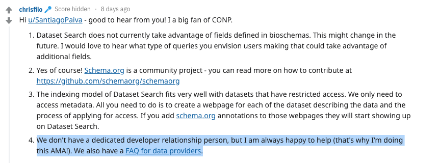 Google Dataset Search Reddit AMA Quote Highlight - "We don't have a dedicated developer relationship person".