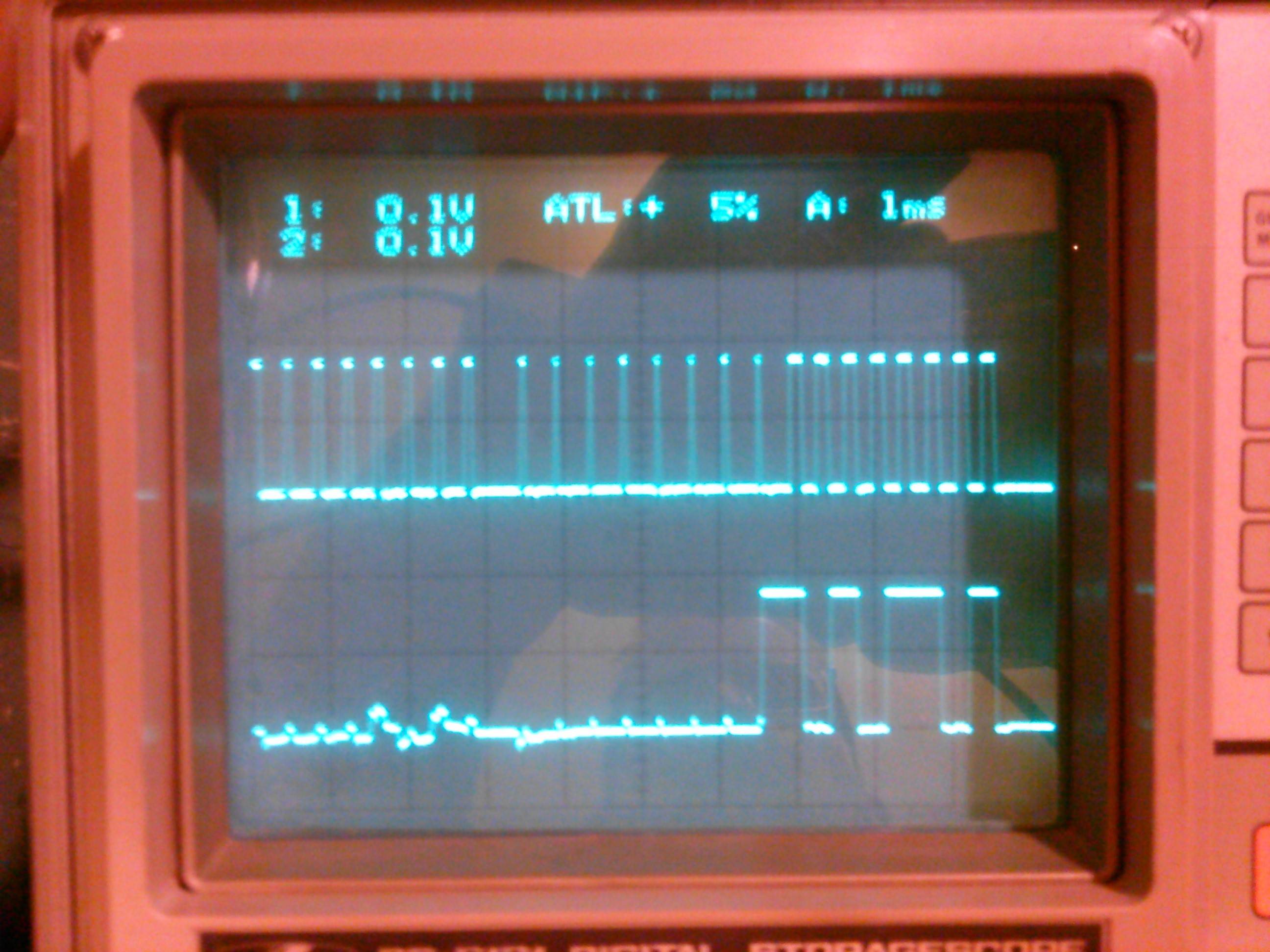 DSO capture of SCK and MISO, bit-bang method.