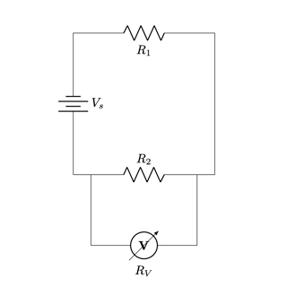 Circuit of two resistors a power source and a voltmeter