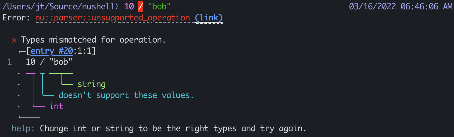 Error message in the Nu shell programming language showing various colors, text formatting, and Unicode arrows.