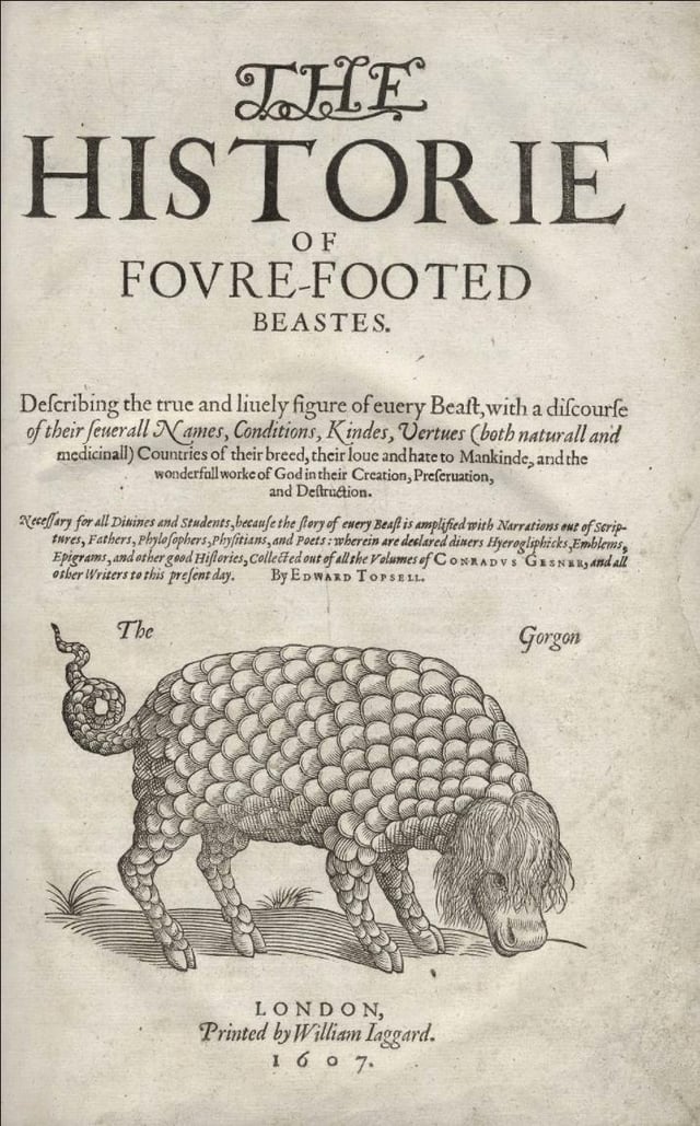 the cover of the very old book, depicting what looks like a scaled bull on the cover