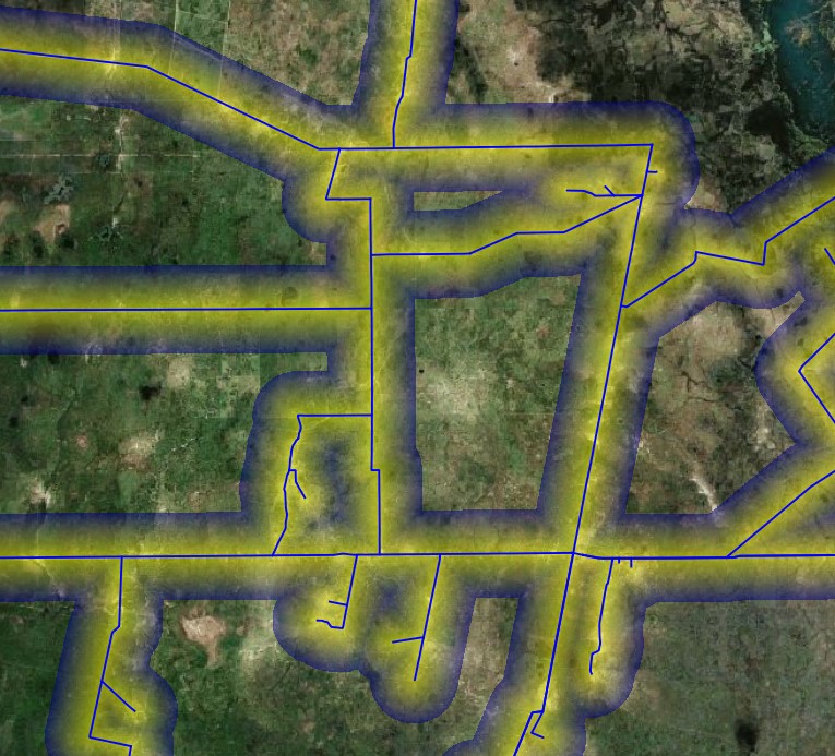 Heat map raster generated from the code using a lineal ponderation function