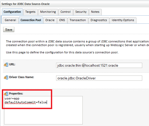 Set defaultAutocommit for JDBC Datasource in Weblogic