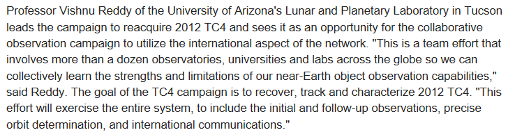 Paragraph from JPL press release about the tracking campaign