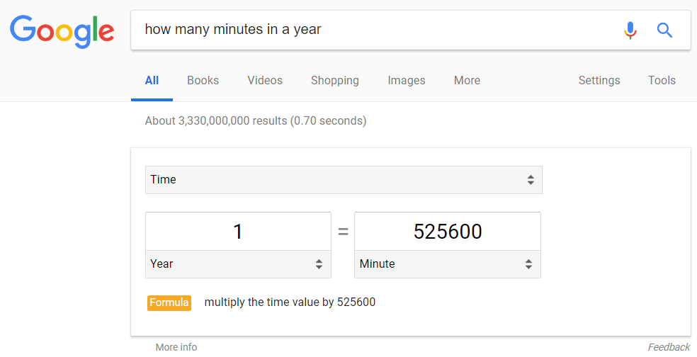 Gooogle Search: "how many minutes in a year"