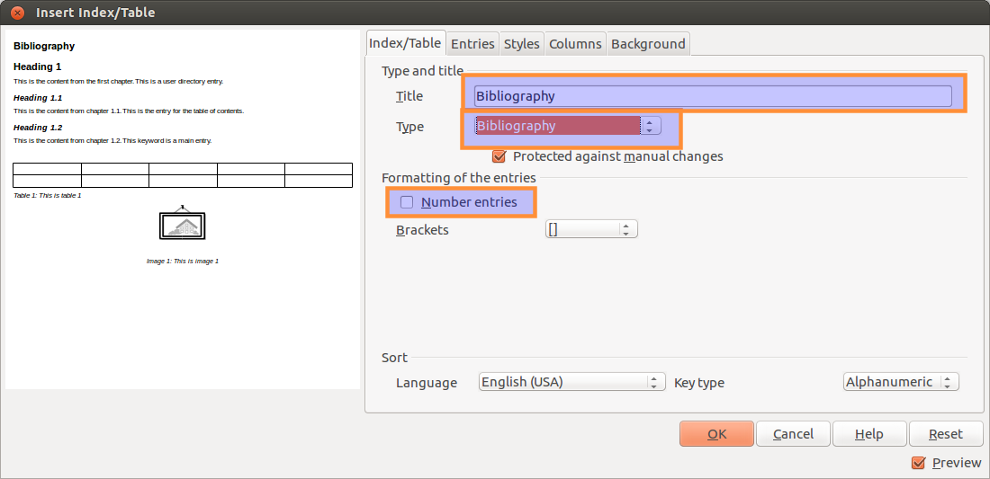 LibreOffice Insert Index/Table