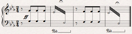 As previous image, but with a tremolo alternating between the octaves on the "dum".