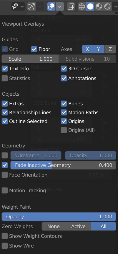 Viewport Overlays showing Zero weight all near the bottom