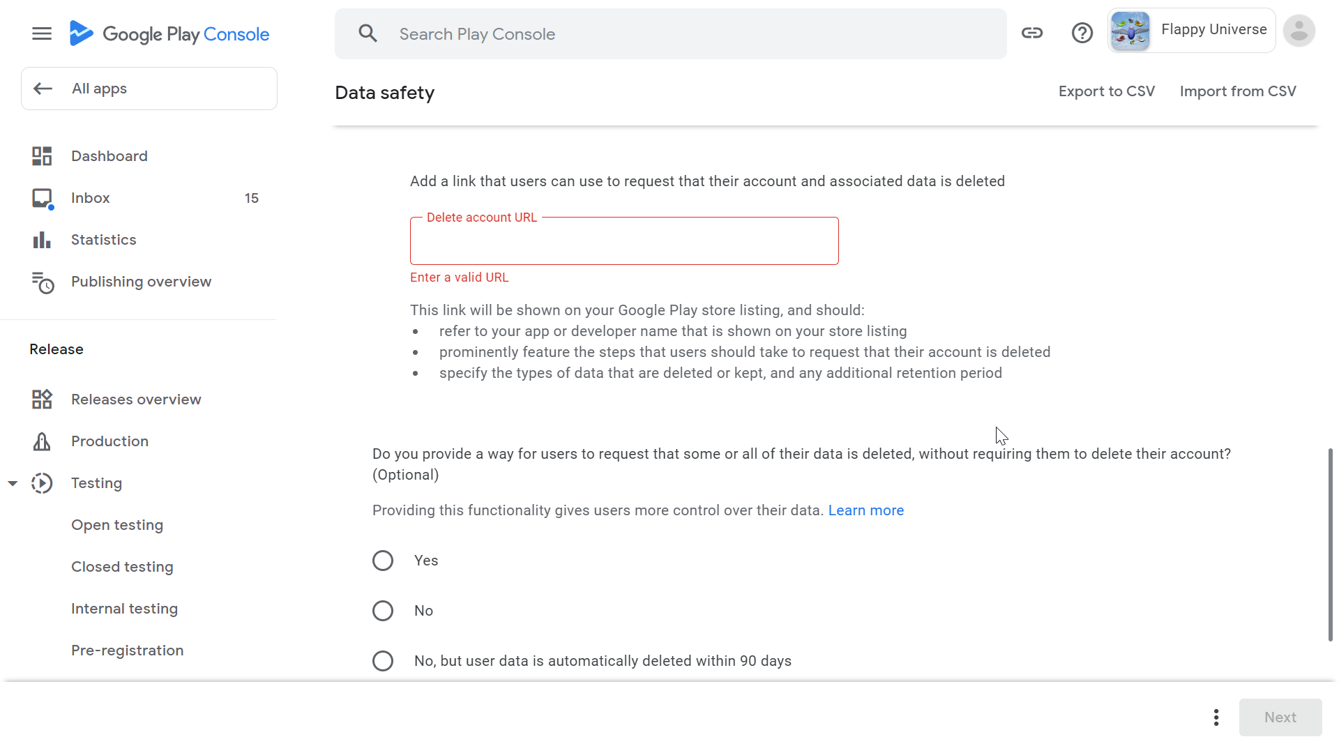 Google Play console latest data safety form