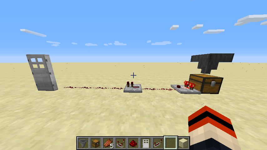 Comparator, two blocks of redstone, repeater, redstone leading to an iron door