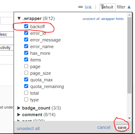 backoff field marked enabled in the field selection dialog