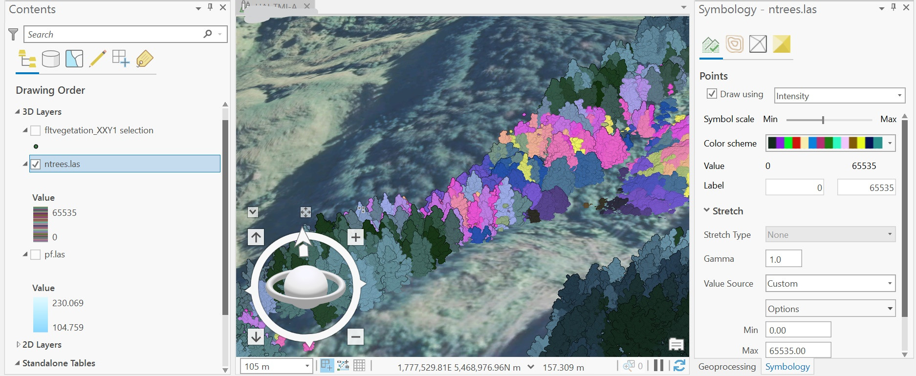 Screenshot of zoomed ArcPRO working with 65,000 treeID from the above code loading a larger .las file