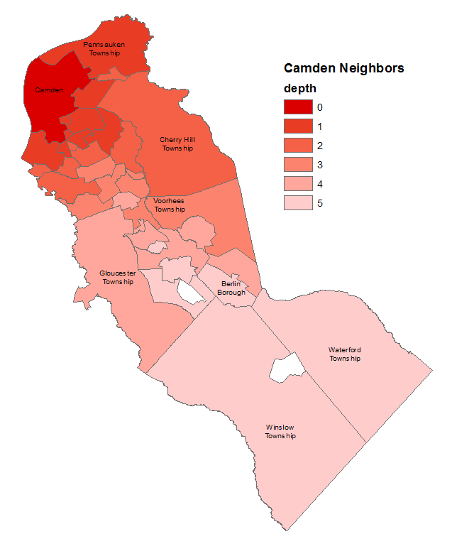 Camden Neighbors calculated using SQL, displayed in ArcGIS