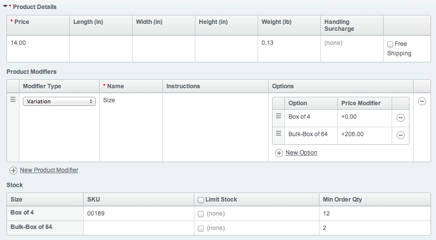 Example of product modifier options with different minimum order quantities.