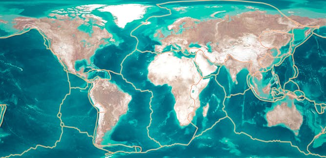 stylized world map with fault lines