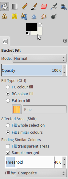 <code>Bucket Fill</code>:  Select <code>Fill transparent areas</code> only when necessary. Do select <code>BG colour fill</code> and <code>Sample merged</code> and run a few tries while adjusting <code>Threshold</code> for best results. In between, hit <kbd>Ctrl</kbd>+<kbd>Z</kbd> to undo.