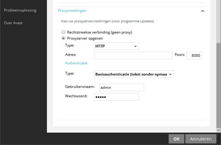 Avast Proxy settings