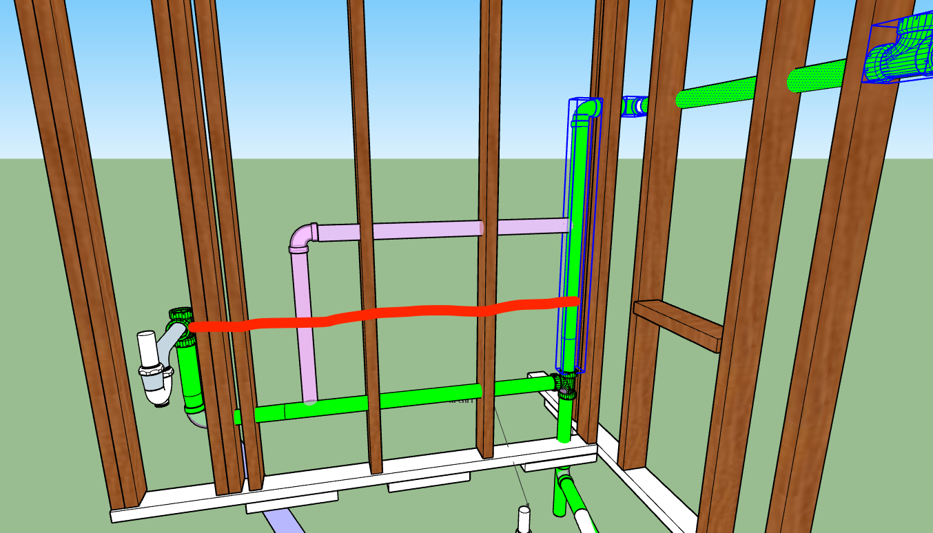 edited CAD drawing with red line for branch drain